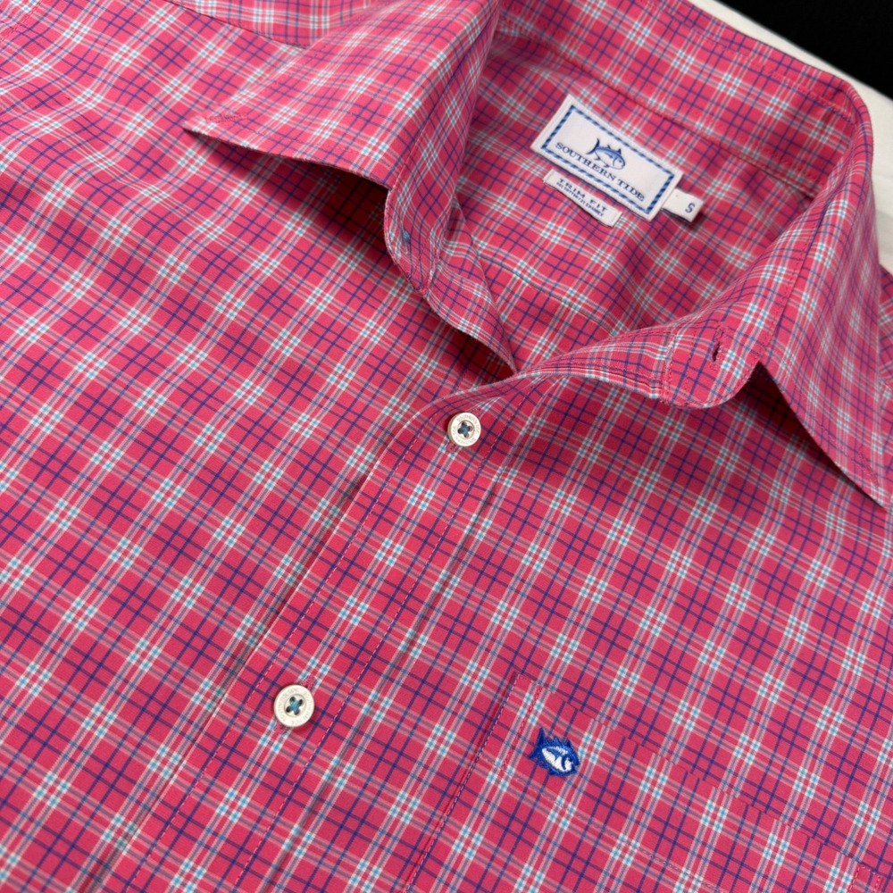 Southern Tide Button Down Shirt Mens S Pink Plaid Trim Fit Long Sleeve EUC